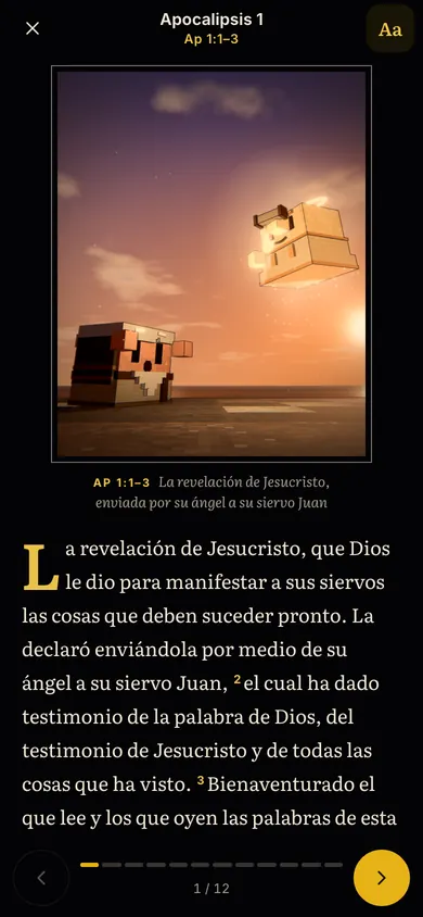 Biblia Visual en modo cómic: una escena ilustrada de Apocalipsis 1 con el texto debajo.