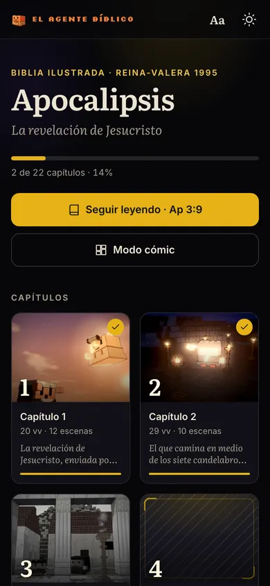 Biblia Visual: lista de capítulos de Apocalipsis con miniaturas ilustradas y progreso de lectura.