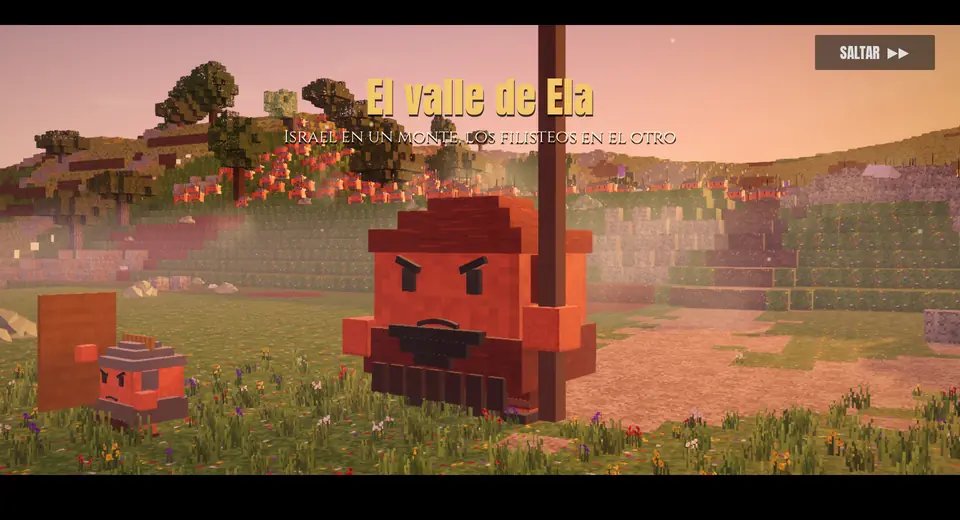 Cinemática del juego: David frente a Goliat en el valle de Ela, con personajes de cubos.