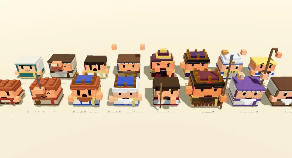 Fila de personajes agentes del juego, cada uno con su vestuario.