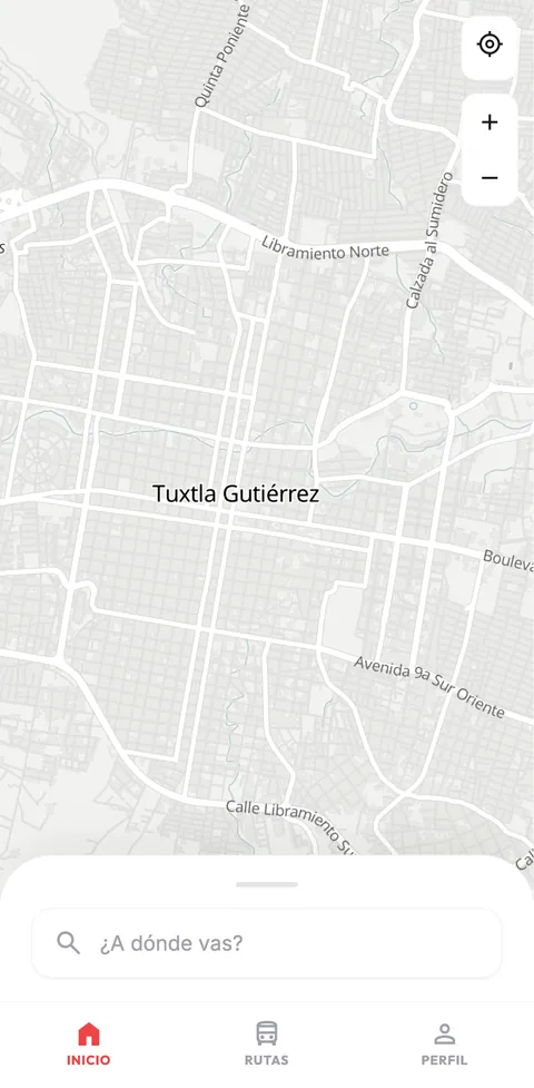 Pantalla de inicio de Ya Viene: mapa de Tuxtla Gutiérrez con el buscador «¿A dónde vas?».