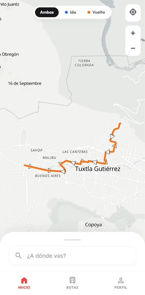 La ruta 90 de colectivo dibujada en naranja sobre el mapa, con selector de ida, vuelta o ambas.