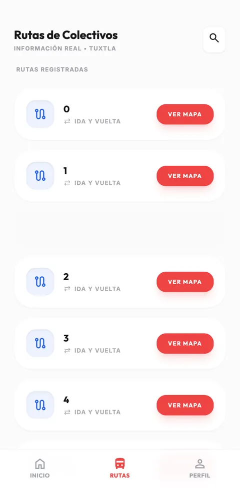 Lista de rutas de colectivos en Ya Viene, cada una con ida y vuelta y un botón «Ver mapa».